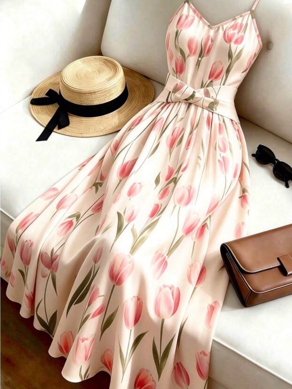 Brand Tulip-Print Spaghetti-Strap Maxi Dress in Blush Pink